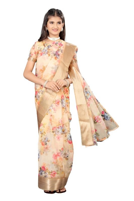 Xavima Kids Floral Print Saree for Girls with Unstitched Blouse | Ready to Wear Ethnic Dress | Lightweight Traditional Saree for Festive, Wedding & Cultural Occasions (Yellow) - Image 1