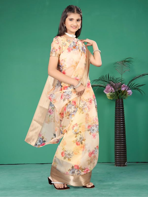 Xavima Kids Floral Print Saree for Girls with Unstitched Blouse | Ready to Wear Ethnic Dress | Lightweight Traditional Saree for Festive, Wedding & Cultural Occasions (Yellow) - Image 4