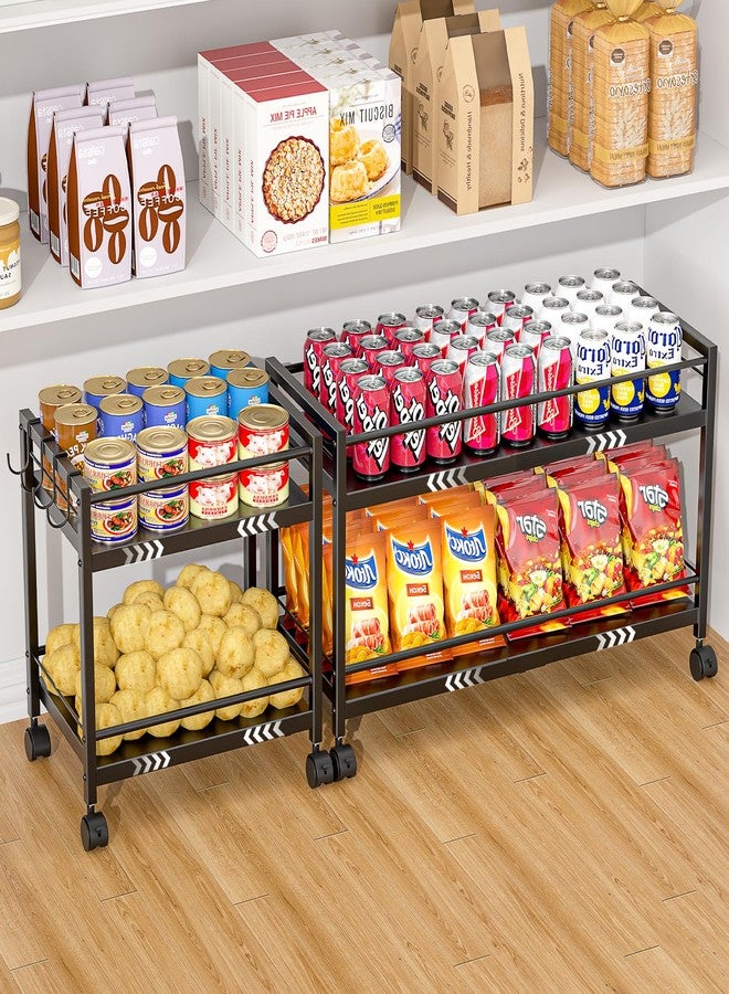 ThreeHio 1 Pack 2-Tier Expandable Pantry Floor Organizer Cart, Rolling Pantry Storage Cart with Wheel, Adjustable Can Organizer for Kitchen Pantry, Pantry Shelves and Storage Rack for Snacks, Vegetables, Black - Image 1