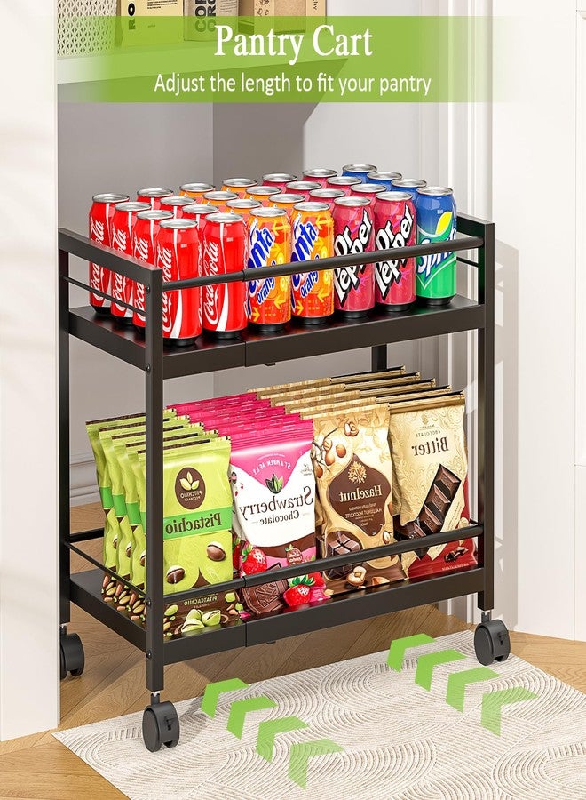 ThreeHio 1 Pack 2-Tier Expandable Pantry Floor Organizer Cart, Rolling Pantry Storage Cart with Wheel, Adjustable Can Organizer for Kitchen Pantry, Pantry Shelves and Storage Rack for Snacks, Vegetables, Black - Image 3