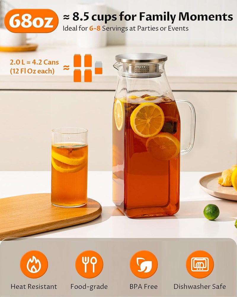 VA1KENE 68oz Borosilicate Glass Pitcher with Lid and Handle – Square Water Carafe with Filter Spout for Hot & Cold Drinks, Iced Tea, Juice, and Fridge Storage - Image 1