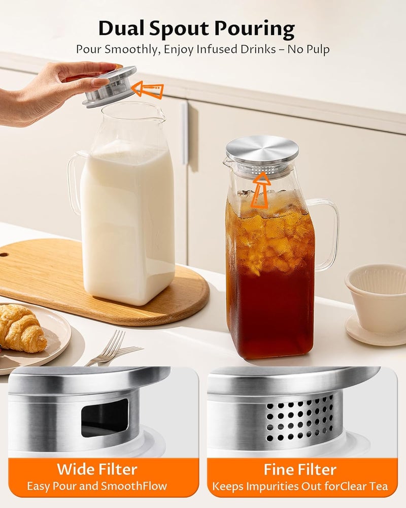 VA1KENE 68oz Borosilicate Glass Pitcher with Lid and Handle – Square Water Carafe with Filter Spout for Hot & Cold Drinks, Iced Tea, Juice, and Fridge Storage - Image 3