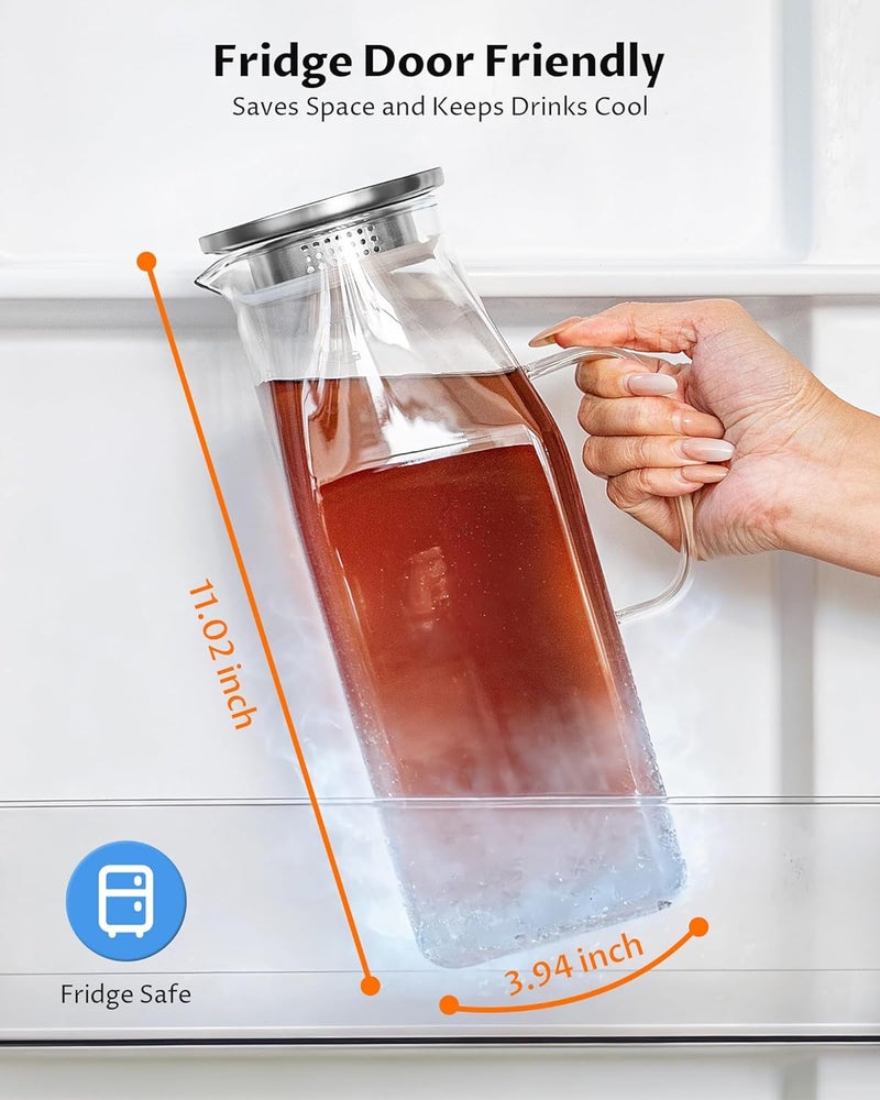 VA1KENE 68oz Borosilicate Glass Pitcher with Lid and Handle – Square Water Carafe with Filter Spout for Hot & Cold Drinks, Iced Tea, Juice, and Fridge Storage - Image 5