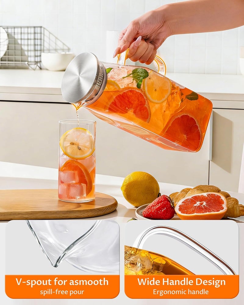 VA1KENE 68oz Borosilicate Glass Pitcher with Lid and Handle – Square Water Carafe with Filter Spout for Hot & Cold Drinks, Iced Tea, Juice, and Fridge Storage - Image 4