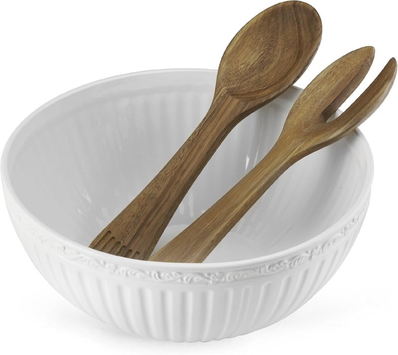 Mikasa Italian Countryside Salad Serving Bowl with Serving Utensils White - Image 1