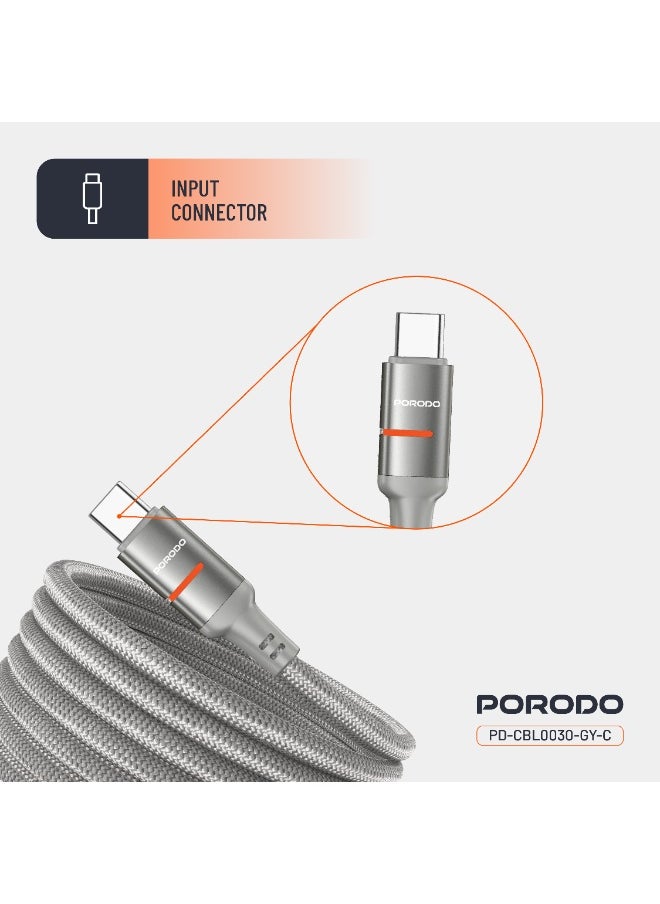 porodo Type-C to Type-C Cable 60W 1.2m / Magnetic Braided Wire / Universal Compatibility / Sync & Fast Charging / Secure and Stable Connection / Durable Reliable Tangle Free Cable - Grey  - Image 2