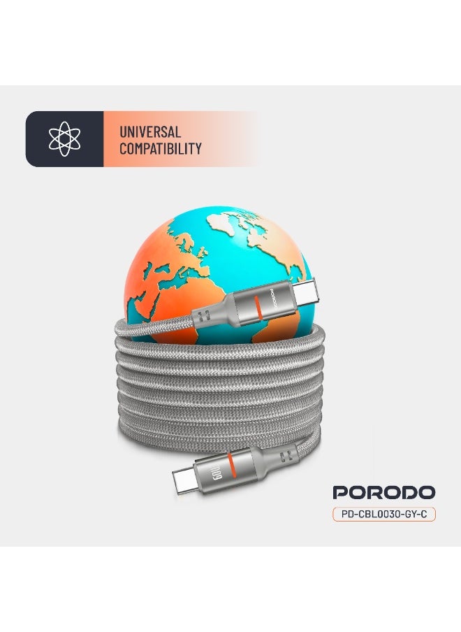 porodo Type-C to Type-C Cable 60W 1.2m / Magnetic Braided Wire / Universal Compatibility / Sync & Fast Charging / Secure and Stable Connection / Durable Reliable Tangle Free Cable - Grey  - Image 5
