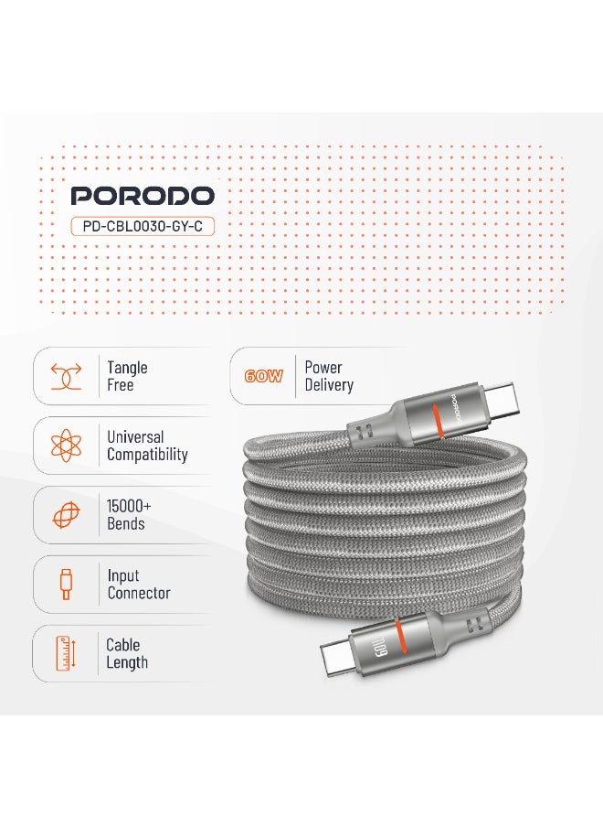 porodo Type-C to Type-C Cable 60W 1.2m / Magnetic Braided Wire / Universal Compatibility / Sync & Fast Charging / Secure and Stable Connection / Durable Reliable Tangle Free Cable - Grey  - Image 3