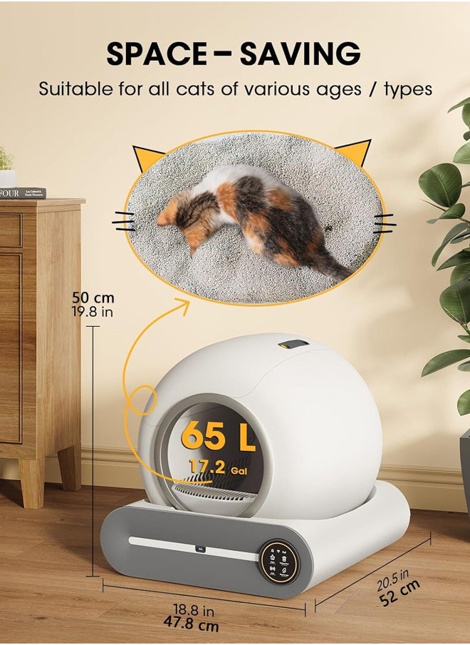 Automatic Cat Litter Box Self Cleaning, Smart Self-Cleaning Cat Litter Box with 65L Litter Box + 9L Covered Trash Can Large Capacity for Multiple Cats, Odor Control, APP Control, Detachable & Washable