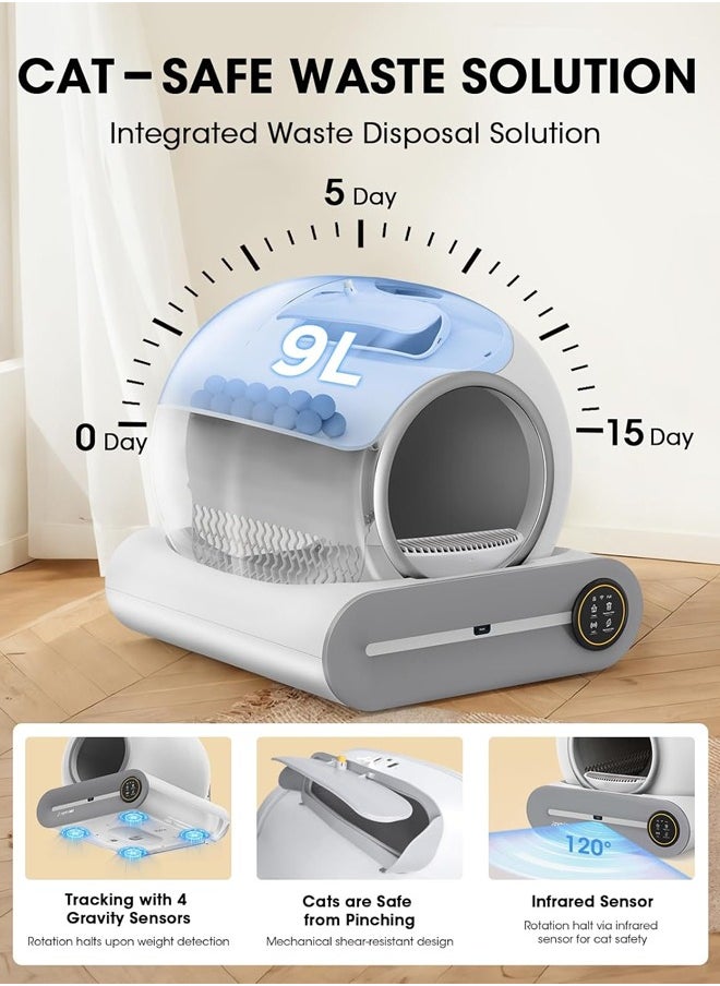 Automatic Cat Litter Box Self Cleaning, Smart Self-Cleaning Cat Litter Box with 65L Litter Box + 9L Covered Trash Can Large Capacity for Multiple Cats, Odor Control, APP Control, Detachable & Washable