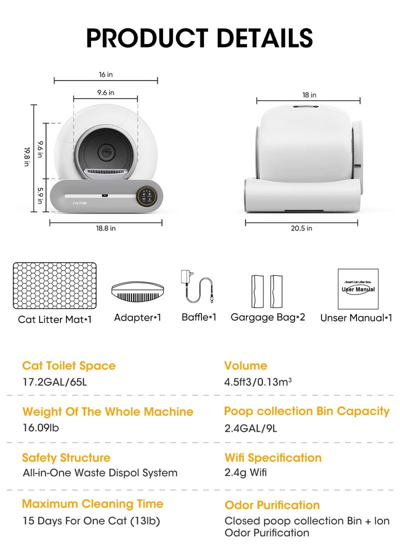 Automatic Cat Litter Box Self Cleaning, Smart Self-Cleaning Cat Litter Box with 65L Litter Box + 9L Covered Trash Can Large Capacity for Multiple Cats, Odor Control, APP Control, Detachable & Washable