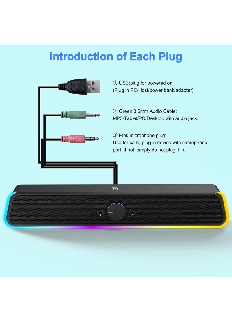 لياوسيسي - مكبرات صوت كمبيوتر ومكبر صوت مع مصباح RGB LED ووصلة Aux مقاس 3.5 مم للألعاب والتلفزيون وسطح المكتب والكمبيوتر المحمول سماعة شاشة - Image 1