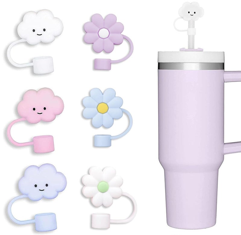 ColisPar 10mm Straw Cover 6pcs Straw Covers Cap for Stanley Cup 40 oz 30 oz Food Grade Silicone Cute Large Cloud Flower Straw Topper Tips Cover Protector Plugs for Stanley Tumblers for Stanley Cup Accessories