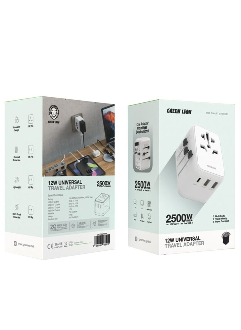 GREEN LION 12W Universal Travel Adapter / UK/AU/EU/US Pin / Multi Ports / Travel Friendly / Super Compact / Short Circuit Protection / Overheat Protection / Innovative Design / Lightweight -White  - Image 3