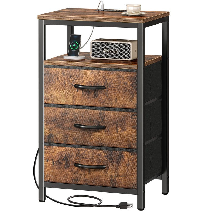 Huuger Nightstand with Charging Station 276 Inch Bedside Table with Fabric Drawers End Table with USB Ports and Outlets Night Stand for Bedroom Rustic Brown