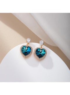 EVEVIC Heart Earrings For Women Austrian Crystal Halo Heart Earrings Drop Stud Earrings 14K Gold Plated Hypoallergenic Anniversary Valentines Day Jewelry Gift For Her (Bermuda Blue)  - Image 4