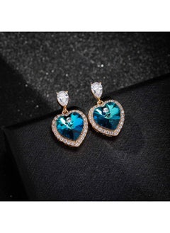 EVEVIC Heart Earrings For Women Austrian Crystal Halo Heart Earrings Drop Stud Earrings 14K Gold Plated Hypoallergenic Anniversary Valentines Day Jewelry Gift For Her (Bermuda Blue)  - Image 3