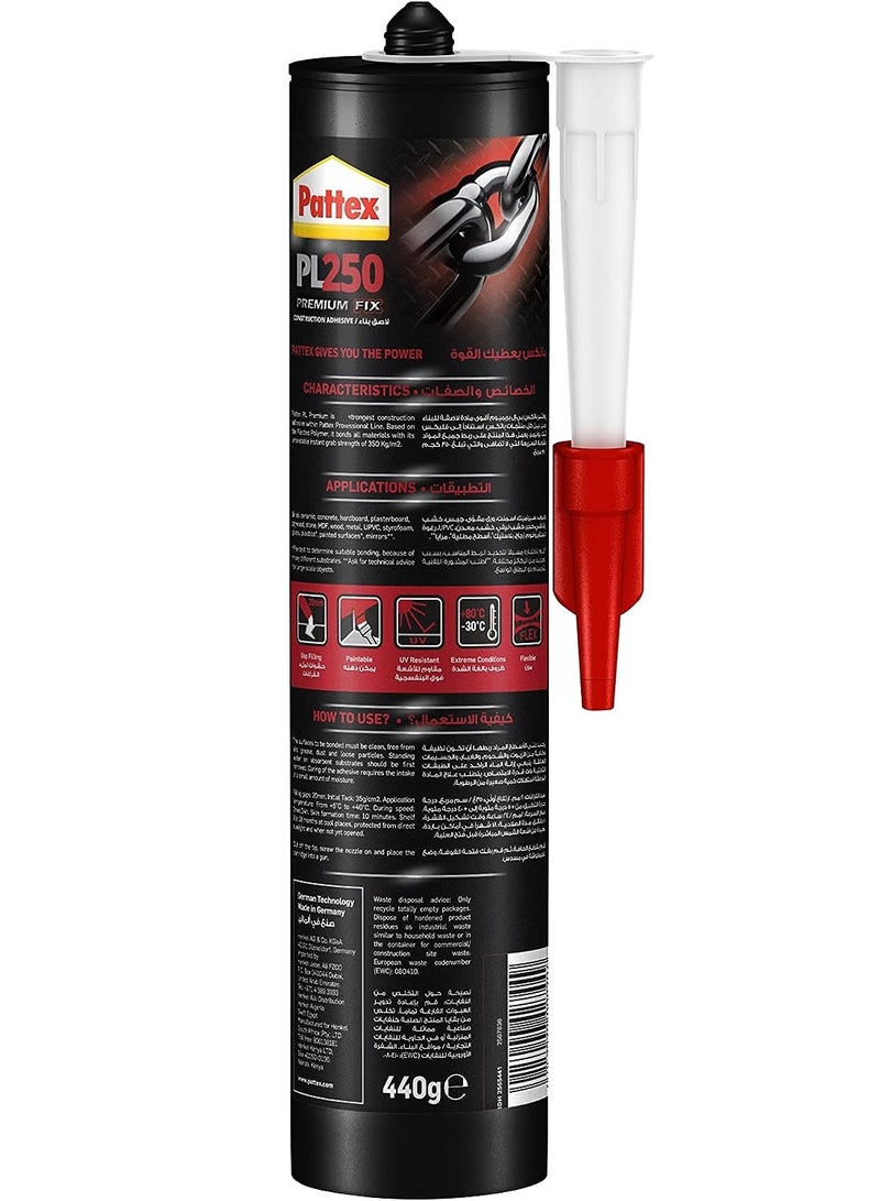 Pattex PL250 Premium Fix, High Quality Mounting Adhesive, Heavy Duty Adhesive for All Substrates, Flexible and Powerful Construction Adhesive Cartridge 440g - Image 2