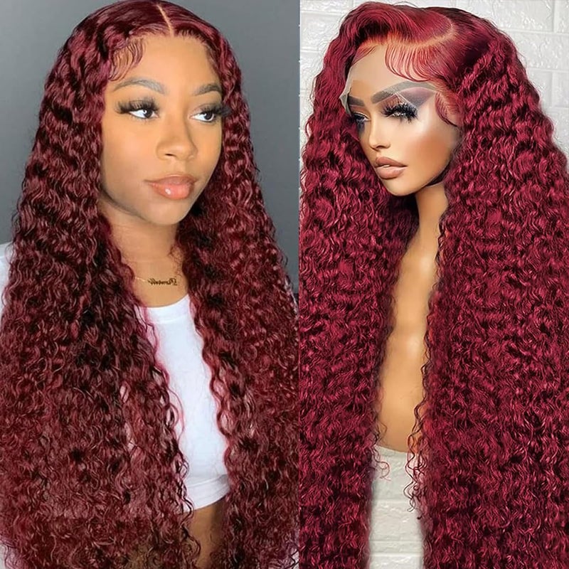 24 Inch Burgundy Lace Front Wigs Human Hair Wigs for Black Women 99J Deep Wave Wigs Glueless Wet and Wavy Red Colored Curly Human Hair Wig Pre Plucked 13x4 Transparent Lace Frontal Wigs 180% Density