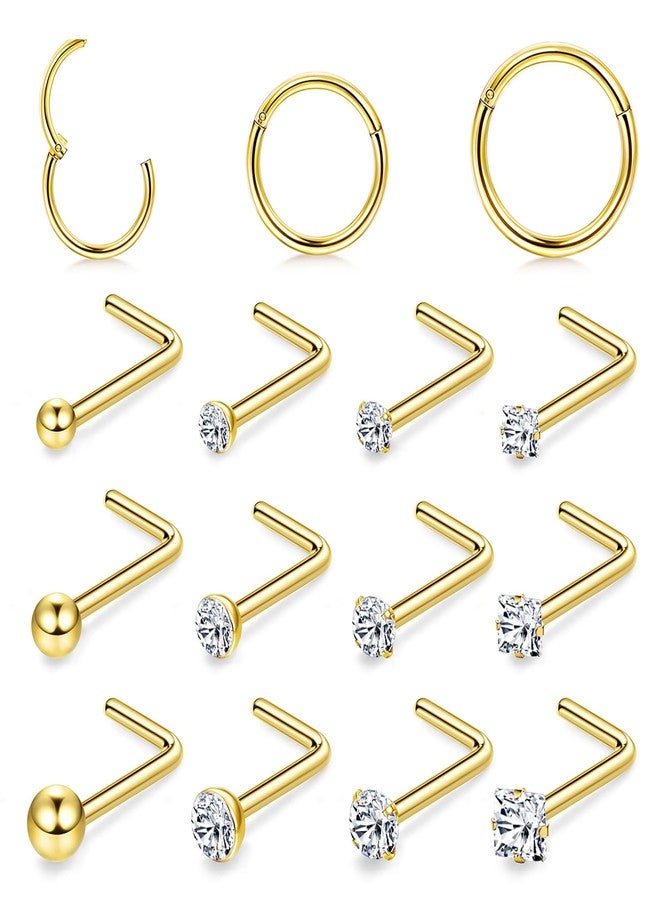 Besteel 18G Nose Rings Hoops and 20G Nose Studs for Women Men Hypoallergenic 316L Surgical Stainless Steel Clicker Hinged Segment Nose Rings Hoops Ball CZ L-Shape Nose Studs(14k Gold plated:-L shaped) - Image 1