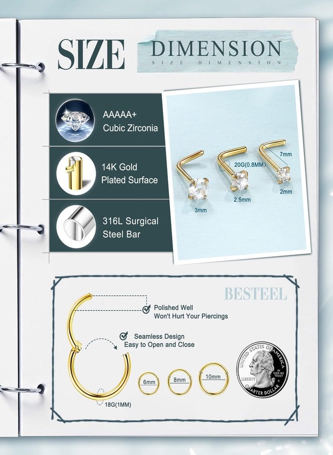Besteel 18G Nose Rings Hoops and 20G Nose Studs for Women Men Hypoallergenic 316L Surgical Stainless Steel Clicker Hinged Segment Nose Rings Hoops Ball CZ L-Shape Nose Studs(14k Gold plated:-L shaped) - Image 2