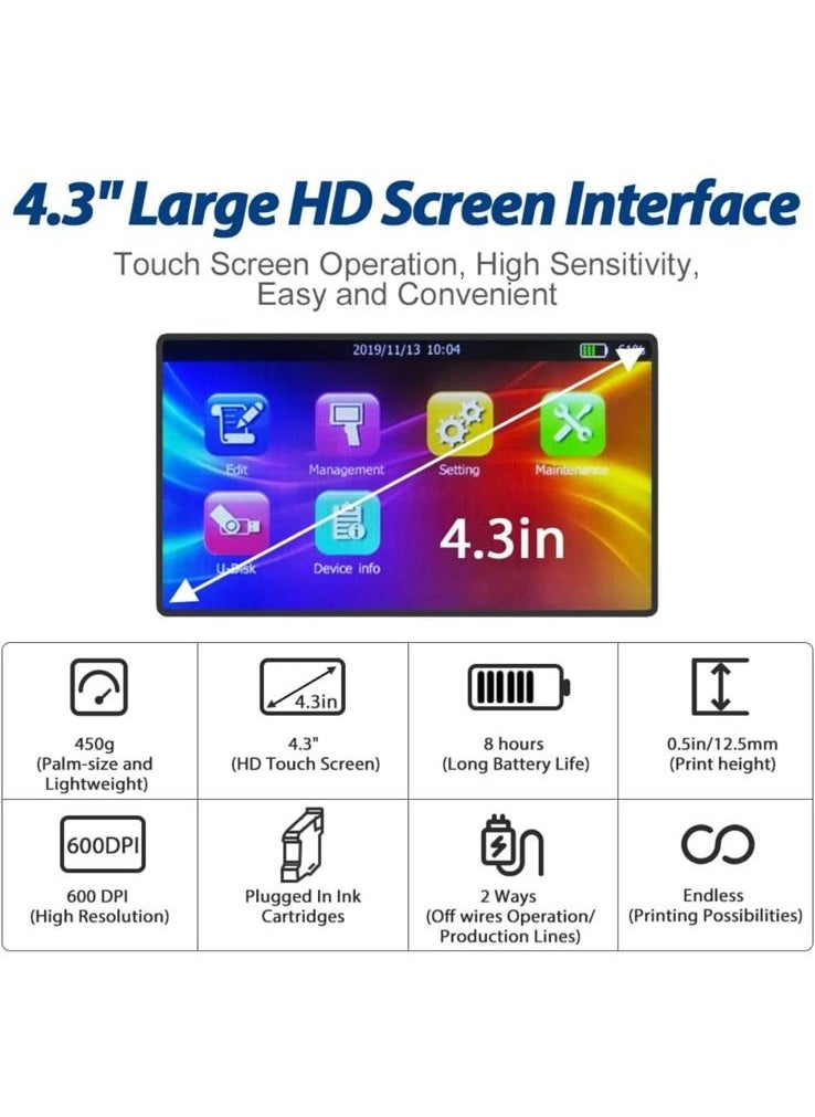 Bentsai - BENTSAI Handheld Printer BT-HH6105B2, Portable Handheld Inkjet Printer with 4.3 Inch LED Touch Screen Mobile Inkjet Coder 12.4MM’’ Print Height for QRCode Barcode Date Logo Text on Any Surface - Image 1
