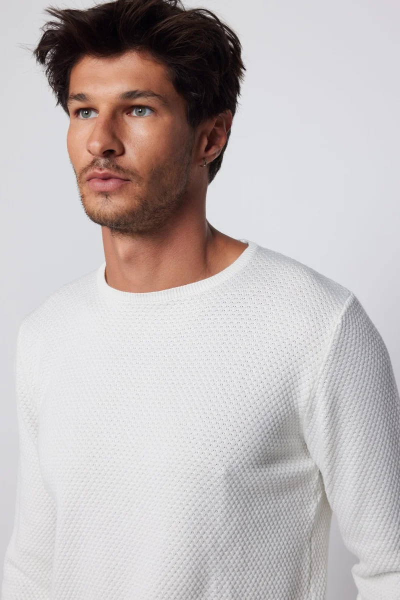 تودورس Slim Fit Crew Neck Honeycomb Patterned Gray Men's Sweater