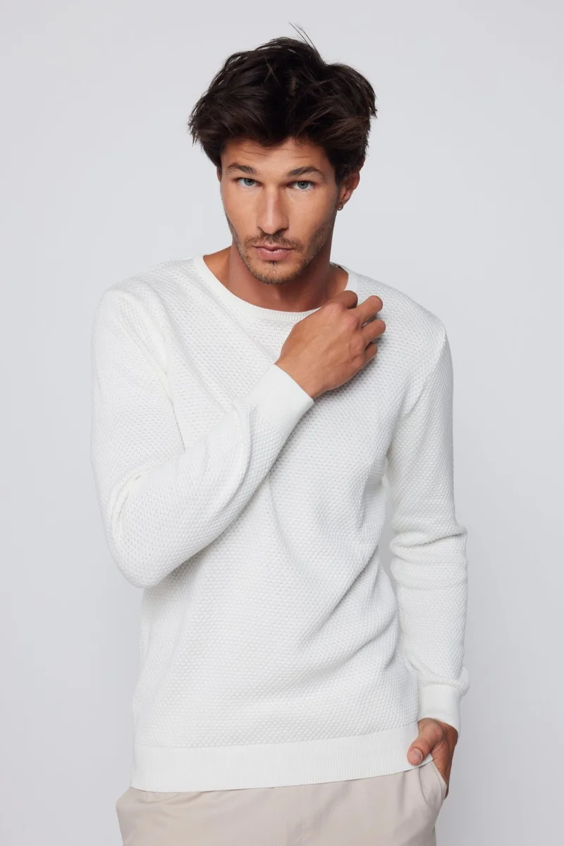 تودورس Slim Fit Crew Neck Honeycomb Patterned Gray Men's Sweater