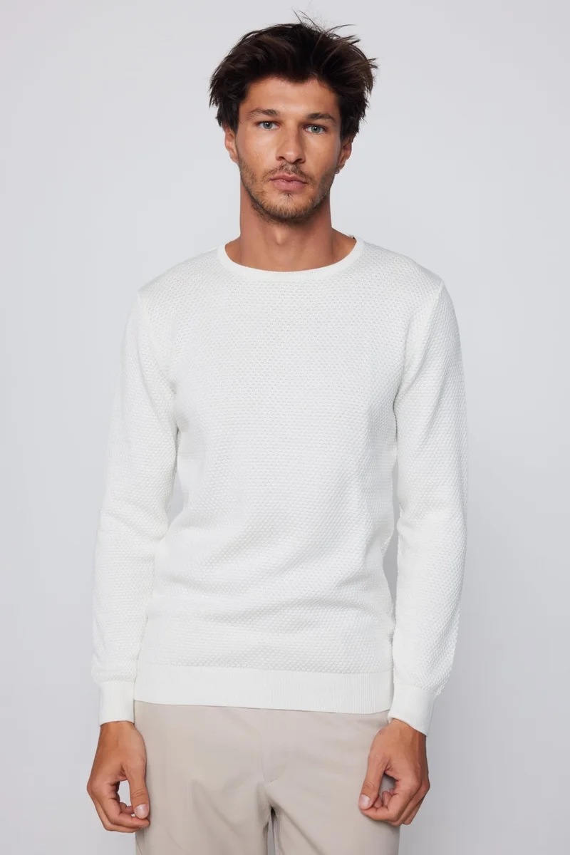 تودورس Slim Fit Crew Neck Honeycomb Patterned Gray Men's Sweater