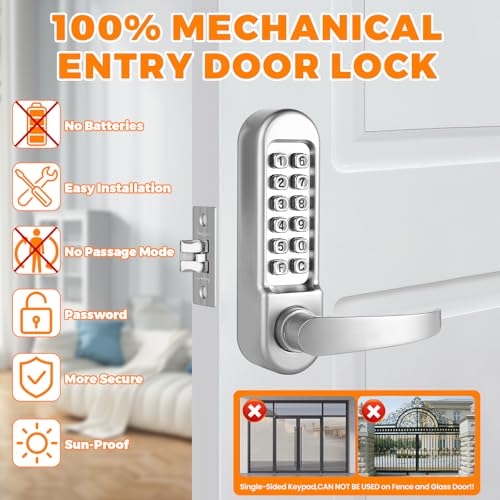 ANNFUZ Mechanical Keypad Keyless Entry Door Handle LockPush Button Code Door LeverSingleSide Combination Interior NonLockingExterior AutoLockNo Electronicfor Front GatePearl Chrome - Image 3