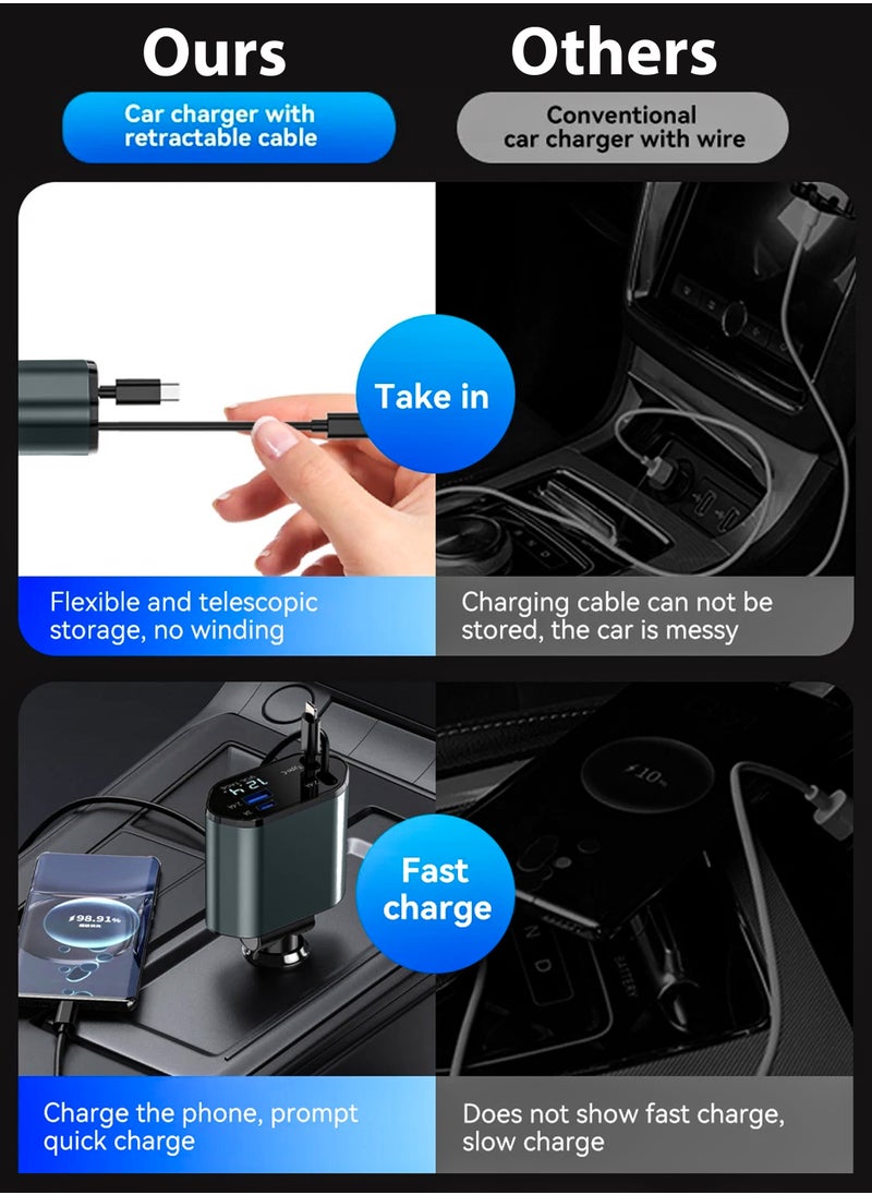 DBLEW - 120W Retractable Wire 4 In 1 USB Car Charger Mobile Phone Super Fast Charging Device For Automotives 4 Port Car Cigarette Lighter Plug USB Power Adapter For Samsung Type C Lightning Huawei iPad iPhone - Image 1