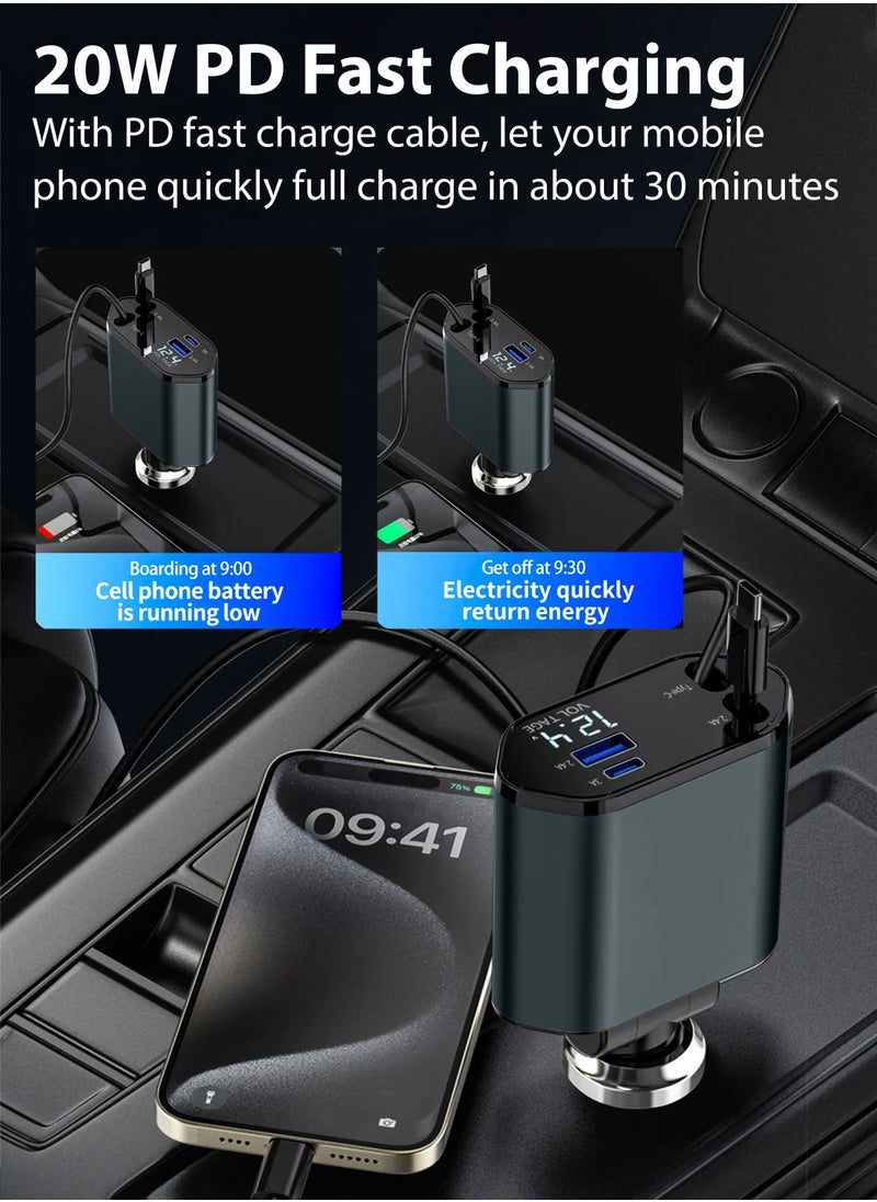 DBLEW - 120W Retractable Wire 4 In 1 USB Car Charger Mobile Phone Super Fast Charging Device For Automotives 4 Port Car Cigarette Lighter Plug USB Power Adapter For Samsung Type C Lightning Huawei iPad iPhone - Image 1