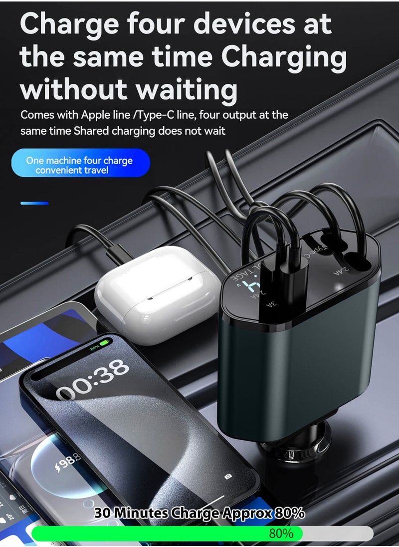 DBLEW - 120W Retractable Wire 4 In 1 USB Car Charger Mobile Phone Super Fast Charging Device For Automotives 4 Port Car Cigarette Lighter Plug USB Power Adapter For Samsung Type C Lightning Huawei iPad iPhone - Image 1