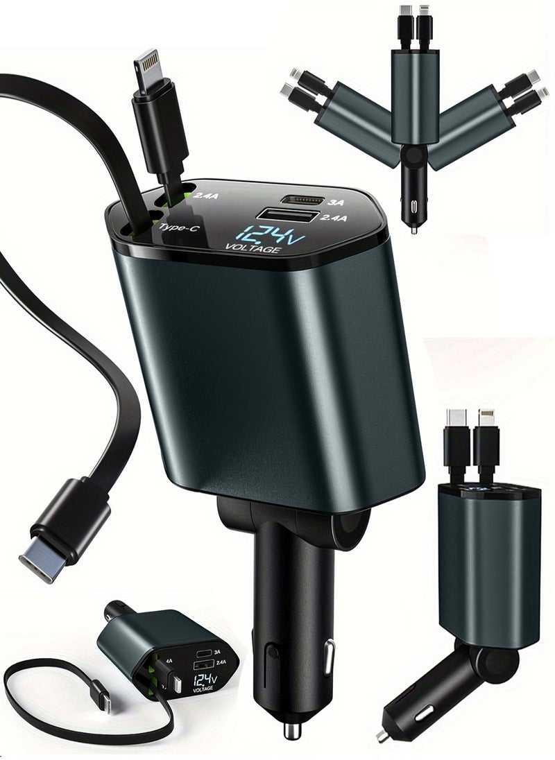 DBLEW - 120W Retractable Wire 4 In 1 USB Car Charger Mobile Phone Super Fast Charging Device For Automotives 4 Port Car Cigarette Lighter Plug USB Power Adapter For Samsung Type C Lightning Huawei iPad iPhone - Image 1
