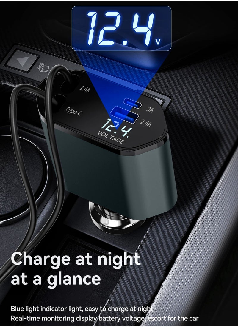 DBLEW - 120W Retractable Wire 4 In 1 USB Car Charger Mobile Phone Super Fast Charging Device For Automotives 4 Port Car Cigarette Lighter Plug USB Power Adapter For Samsung Type C Lightning Huawei iPad iPhone - Image 1