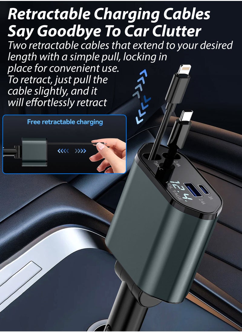 DBLEW - 120W Retractable Wire 4 In 1 USB Car Charger Mobile Phone Super Fast Charging Device For Automotives 4 Port Car Cigarette Lighter Plug USB Power Adapter For Samsung Type C Lightning Huawei iPad iPhone - Image 1