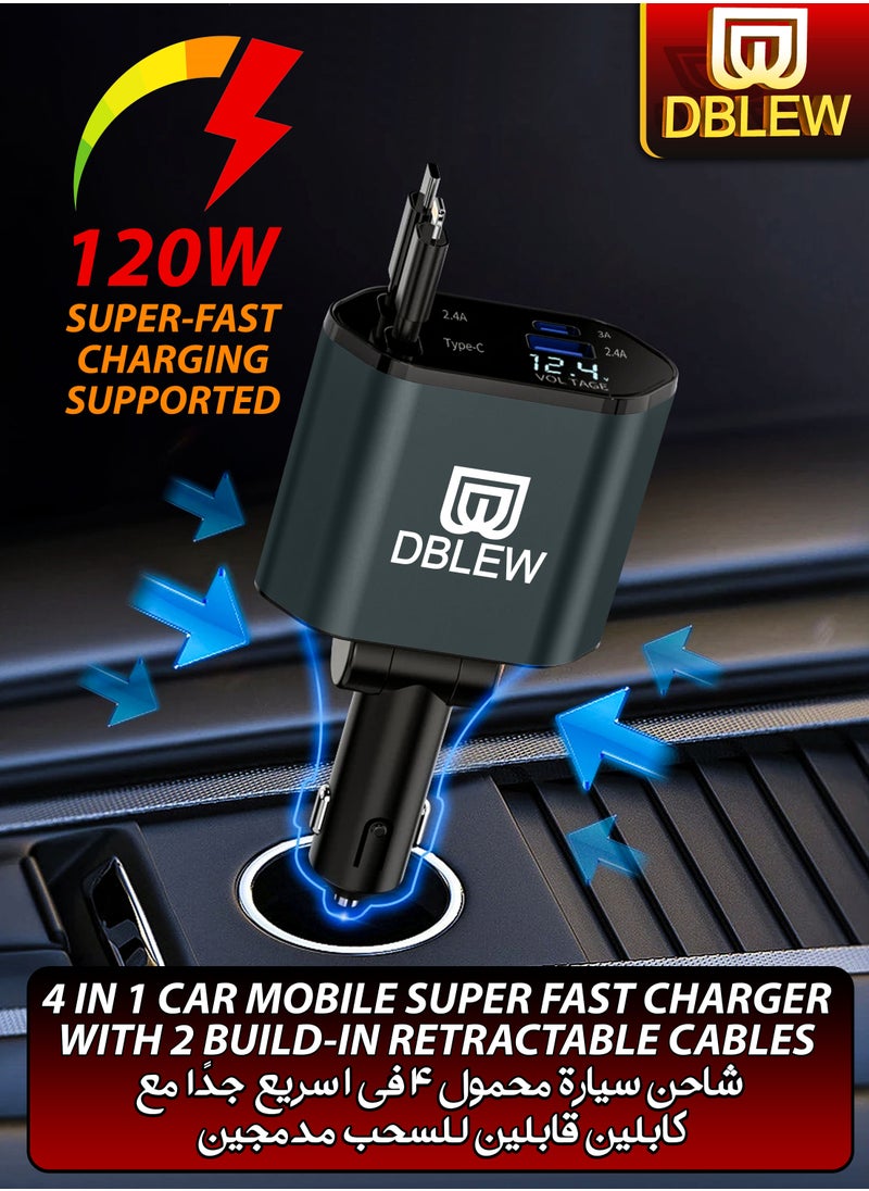 DBLEW - 120W Retractable Wire 4 In 1 USB Car Charger Mobile Phone Super Fast Charging Device For Automotives 4 Port Car Cigarette Lighter Plug USB Power Adapter For Samsung Type C Lightning Huawei iPad iPhone - Image 1