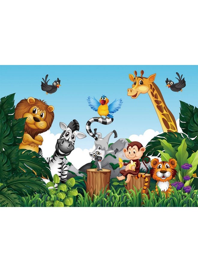 nn - Jungle Animals Backdrop Cartoon Forest Animals Theme Party Photo Background Kids Children Newborn Birthday Baby Shower Decoration Photography Props 7X5Ft - Image 1