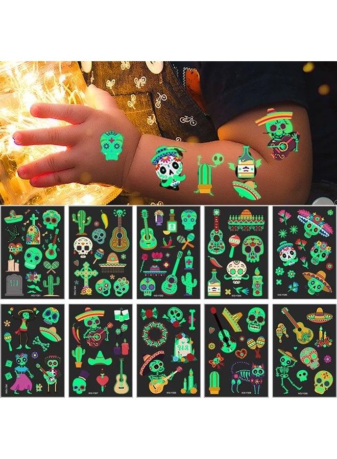 Day of the Dead Luminous Halloween Temporary Tattoo for Kids Adults, 125PCS Waterproof Fake Face Tattoos, Body Stickers Decorations Glow in the Dark, Makeup Party Favors Supplies Decor Boys Girls