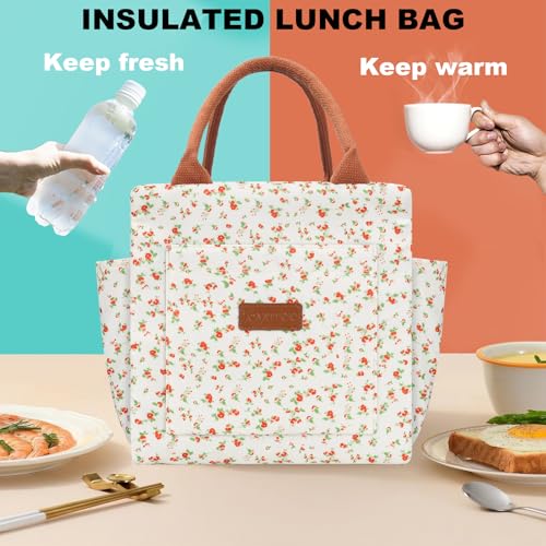 Joymee Lunch Bag Women Insulated Lunch Box Reusable Leakproof Large Spacious Cooler Tote for Women Men Adult with Bottle Holder and Side Pockets for Work Office Travel Picnic Red Floral - Image 3