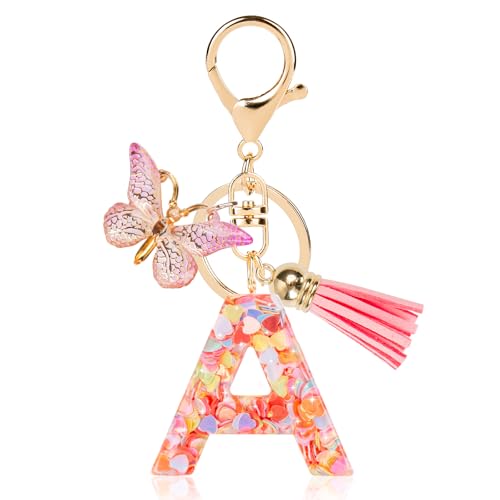 YINANLIN Initial Letter Keychain Cute Keychain Butterfly Pink Sequins Alphabet Resin Name Tassel Keychain for Mother's Gift (Pink-A) - Image 1