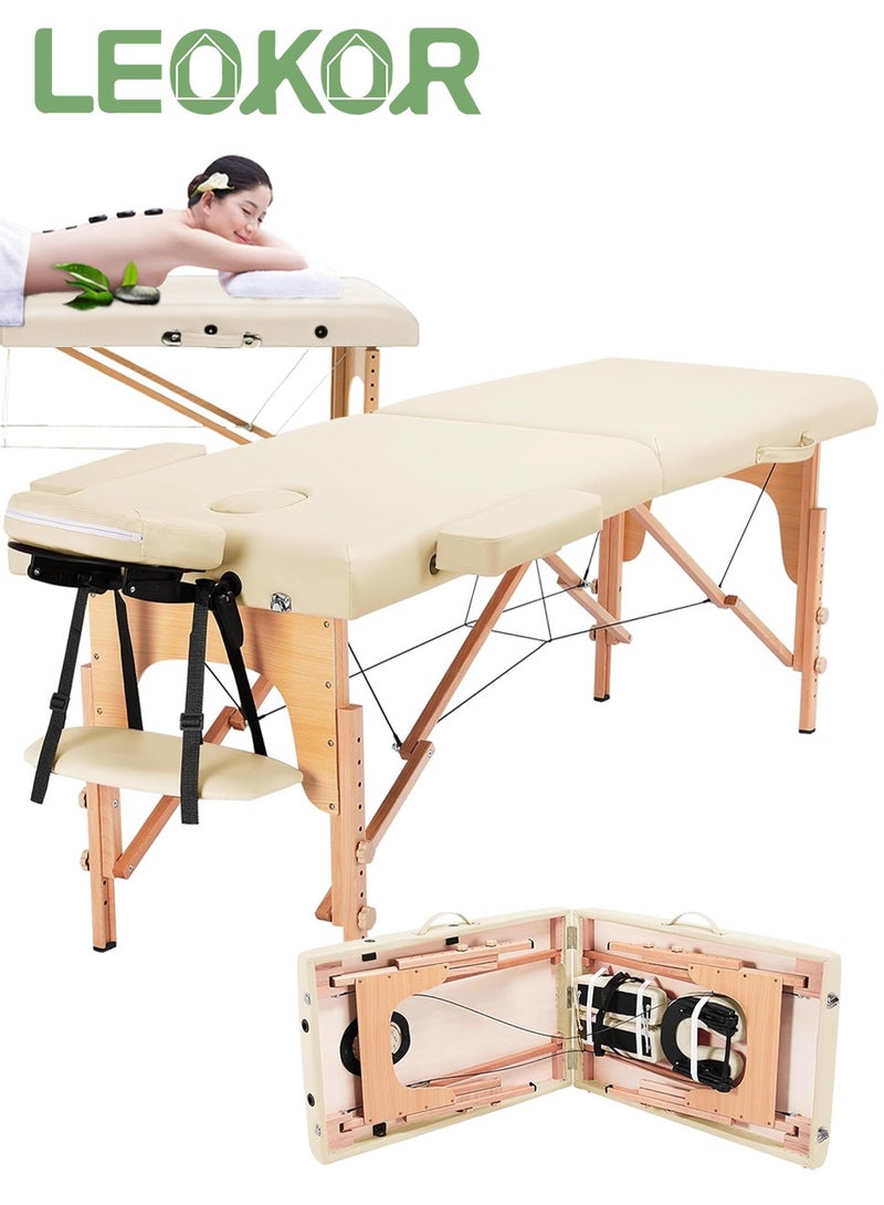 LEOKOR Massage Table Portable, 185CM*70CM Professional Adjustable Folding Massage and Lash Bed with Wooden Frame for Esthetician with Ergonomic Headrest, PU Leather Massage Bed, for Spa Footmassage Facial CareSpa Tattoo (White) - Image 1