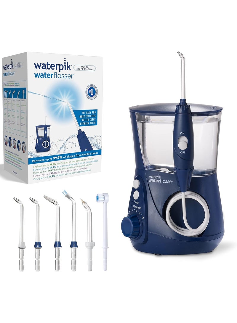 Waterpik Ultra Professional Waterflosser feststehende Munddusche mit 7 Aufsätzen, Druckbereich von 0,7-7 Bar regulierbar über 10 Druckeinstellungen, integrierter Timer, Blau (WP-663EU) | With 6 heads, with advanced pressure control system, 10 settings, plaque removal tool - Image 1