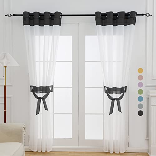 L.Z.E White and Black Sheer Curtains 84 Inches Long 2 Panels Set,Transparent Elegant Window Curtains for Living Room Bedroom Office Nursery, Grommet Lightweight Decorative Curtain with Design - Image 1