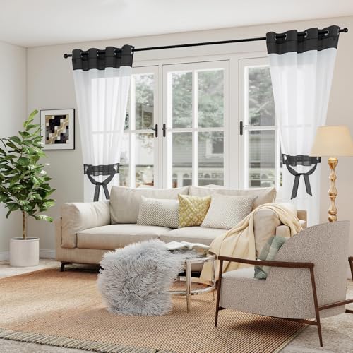 L.Z.E White and Black Sheer Curtains 84 Inches Long 2 Panels Set,Transparent Elegant Window Curtains for Living Room Bedroom Office Nursery, Grommet Lightweight Decorative Curtain with Design - Image 2