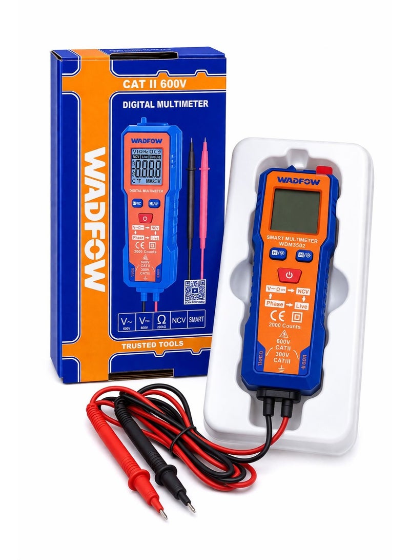 وادفو جهاز ملتيميتر رقمي ذكي WADFOW CAT II 600V – 2000 Counts – قياس الجهد والمقاومة مع خاصية NCV – جودة عالية - Image 1
