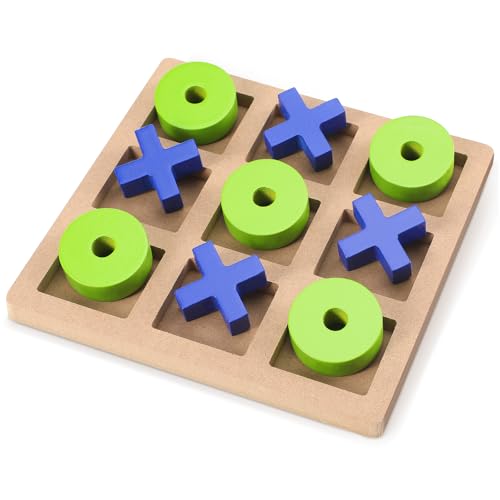 Seenelling Wooden Tic Tac Toe Game Tic Tac Toe Board Game 7 Inch Wood Board Table Top Living Room Decor Fun Family for Family Night Indoor Outdoor Party Adults Classic TravelBlue Green - Image 1