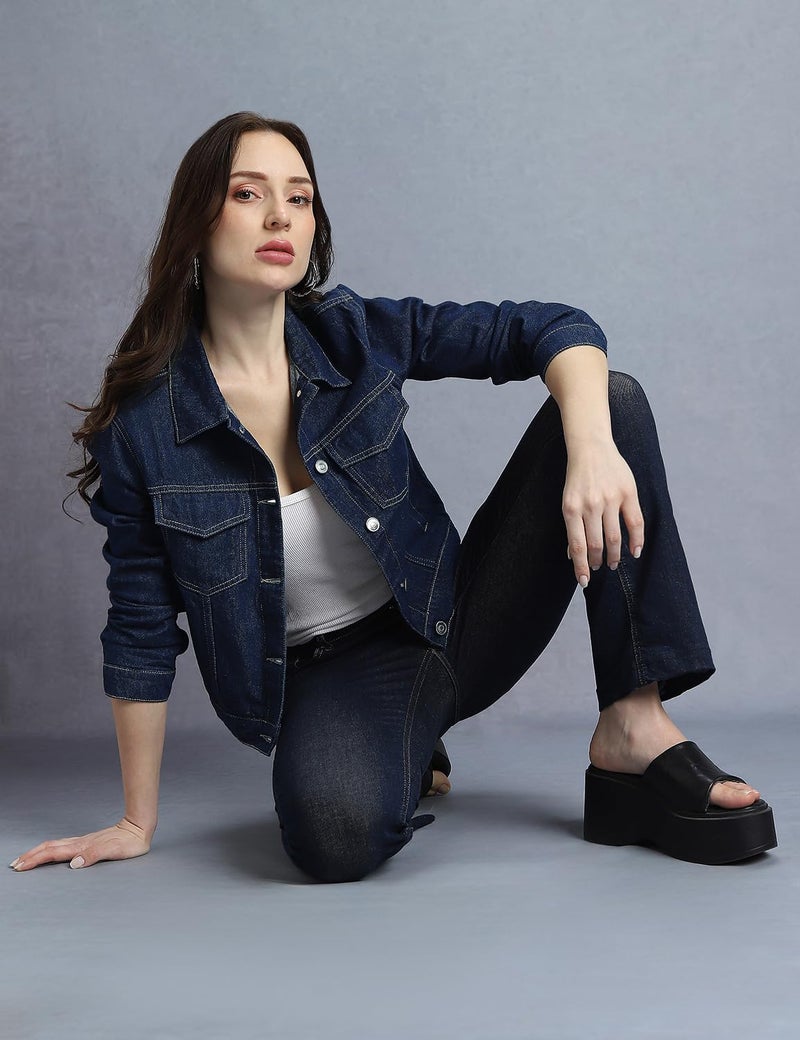 INKD Women's Overdyed Trucker Denim Jacket - Jacket for Women | 100% Cotton | Double Flap Pocket | Regular Fit | Full Sleeve Jacket - Image 3
