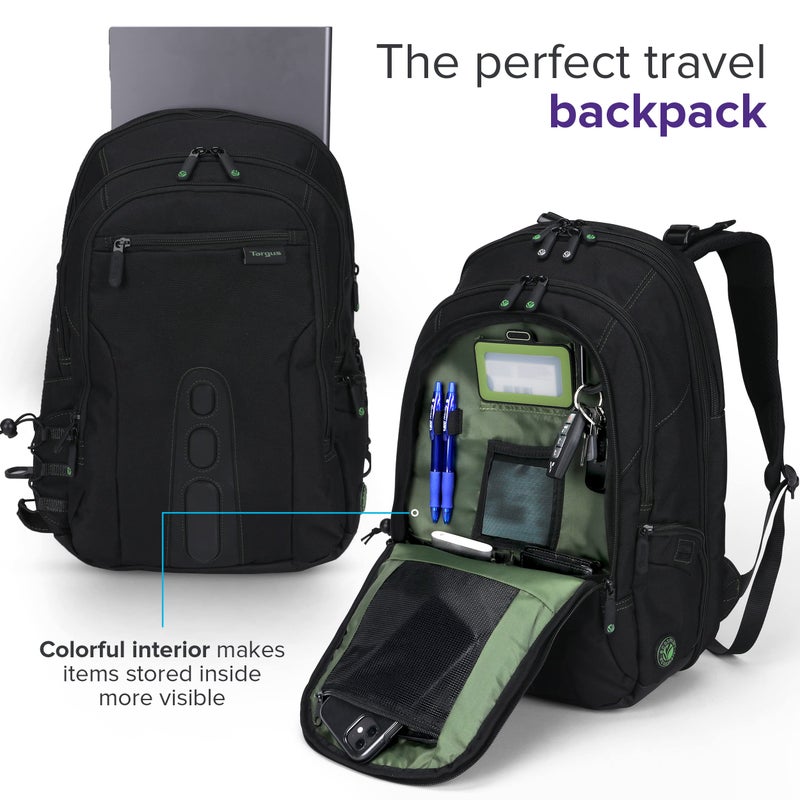 Targus Spruce EcoSmart Travel Laptop Backpack for 17 inch Laptops, TSA-Friendly Carry On Backpack Laptop Bag for Work and Travel, Black (TBB019US) - Image 2