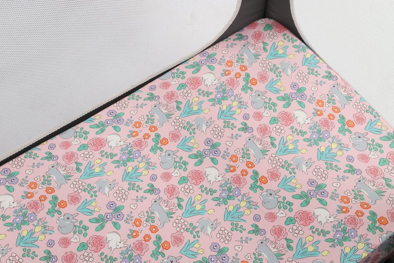 Tontukatu Pack n Play Sheet Stretchy Fitted Portable Mini Crib Sheets Set 3 Pack,Playard Sheets Convertible Playard Mattress Cover,Ultra Soft Jersey Material,Floral,Grey Rabbit & Pink - Image 3